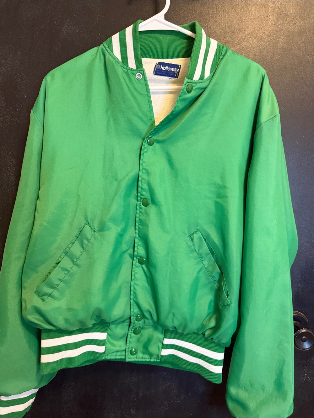 Vtg Holloway USA Green Satin Varsity Bomber Jacket L